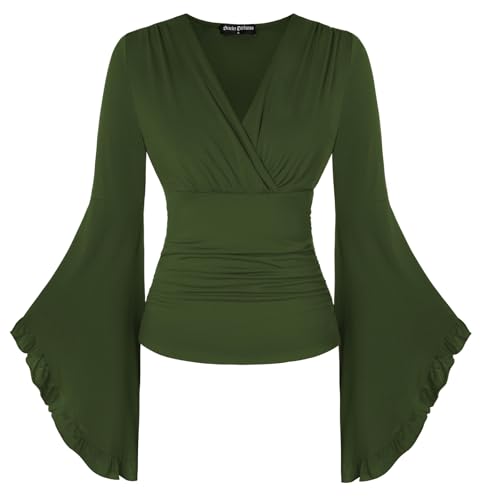 SCARLET DARKNESS Damen Viktorianische Corsagenbluse Elegant Gesmokt Taille Rüschenbluse Dunkelgrün S von SCARLET DARKNESS