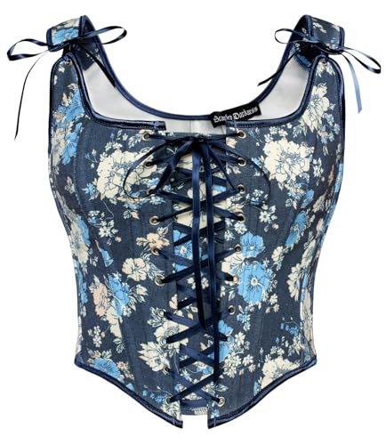 SCARLET DARKNESS Damen Viktorianische Corset Top Bauchweg mit Blumendruck Fairycore Vollbrust Dunkelblau Weiß Blumen 40 von SCARLET DARKNESS