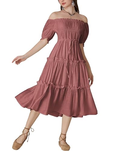 SCARLET DARKNESS Damen Viktorianische Cottagecore Kleid Elegant Quadratischer Kragen Fairy Dress Grau Rosa S von SCARLET DARKNESS