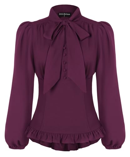 Damen Viktorianische Edwardianisches Hemd Elegant mit Schleife Langarmshirt Lila L von SCARLET DARKNESS