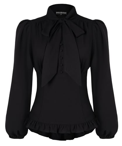 Damen Viktorianische Edwardianisches Hemd Elegant mit Schleife Langarmshirt Schwarz L von SCARLET DARKNESS