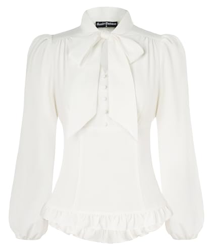 SCARLET DARKNESS Damen Viktorianische Edwardianisches Hemd Elegant mit Schleife Langarmshirt Weiß L von SCARLET DARKNESS