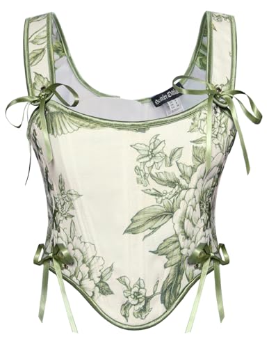 SCARLET DARKNESS Damen Viktorianische Floral Korsett Elegant mit Fishbone Mittelalter Mieder Grau Grün Blumen 40 von SCARLET DARKNESS