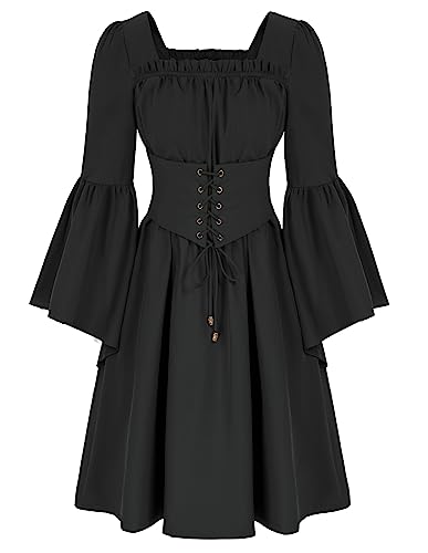 SCARLET DARKNESS Damen Viktorianische Kleider Square Neck mit Gürtel Langarm Renaissance Kleid Schwarz M von SCARLET DARKNESS