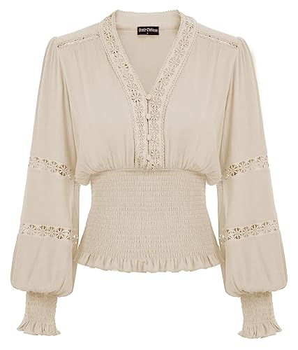 SCARLET DARKNESS Damen Viktorianische Spitzenbluse Elegant Einfarbig V Ausschnitt mit Knöpfen Oberteile Aprikose L von SCARLET DARKNESS