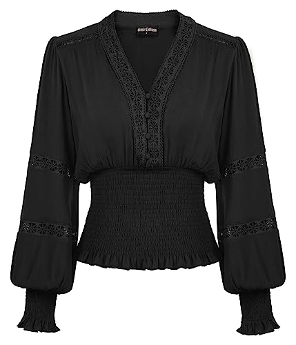 SCARLET DARKNESS Damen Viktorianische Spitzenbluse Elegant Einfarbig V-Ausschnitt mit Knöpfen Oberteile Schwarz L von SCARLET DARKNESS