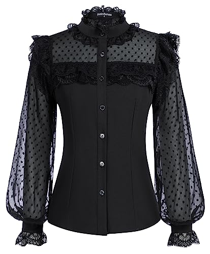 SCARLET DARKNESS Damen Viktorianische Shirts Langarm Mesh Patchwork Tunika Elegant Spitzen Trachtenbluse Schwarz L von SCARLET DARKNESS