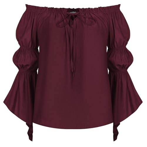 SCARLET DARKNESS Damen Viktorianische Trachtenbluse Lace Up Trompetenärmel Mittelalterliche Bluse Rotwein M von SCARLET DARKNESS