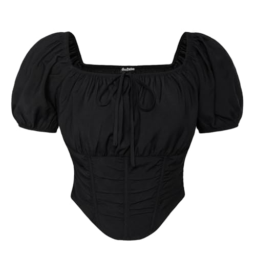 SCARLET DARKNESS Viktorianische Trachtenbluse Kurz Puffärmeln Rückenkorsett Trachtenmieder für Damen Schwarz XL von SCARLET DARKNESS