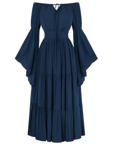 SCARLET DARKNESS Damen Viktorianische Trachtenkleid Laternenärmel mit Tasche Milkmaid Kleid Dunkelblau S von SCARLET DARKNESS