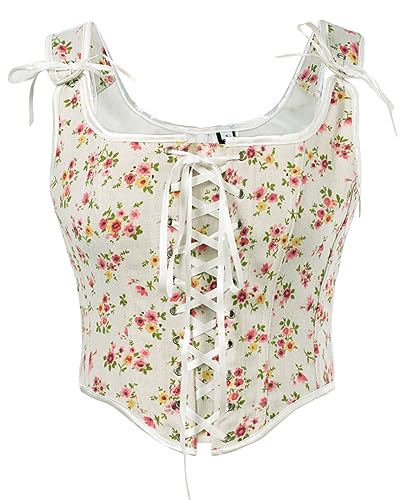 SCARLET DARKNESS Damen Viktorianische Corset Top Bauchweg mit Blumendruck Fairycore Vollbrust Rosa Gelb Blumen 40 von SCARLET DARKNESS