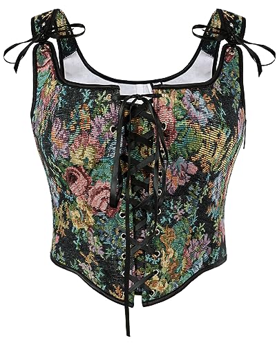 SCARLET DARKNESS Damen Viktorianische Corset Top Bauchweg mit Blumendruck Fairycore Vollbrust Schwarz Blumen 40 von SCARLET DARKNESS