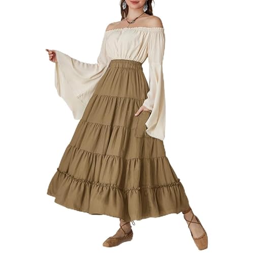 SCARLET DARKNESS Damen Viktorianischer Cottagecore Dress Elegant Boho Flowy Tiered Skirt Khaki XL von SCARLET DARKNESS