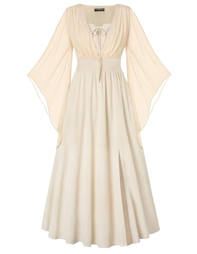 SCARLET DARKNESS Damen Viktorianischer Kleid V-Neck Lace-up vorne 3/4 Glockenärmel Festliche Lange Kleider Aprikose S von SCARLET DARKNESS