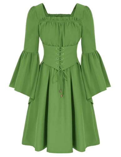 SCARLET DARKNESS Damen Viktorianisches Kleid Square Neck mit Gürtel Langarm Renaissance Kleid Grasgrün M von SCARLET DARKNESS