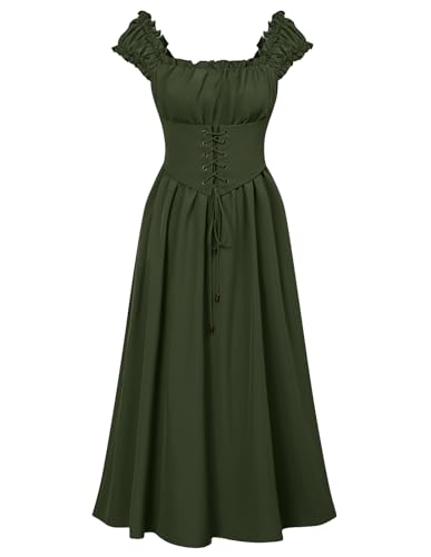 SCARLET DARKNESS Damen Viktorianisches Kleid Square Neck mit Gürtel Ohne Arm Renaissance Kleid Armeegrün M von SCARLET DARKNESS