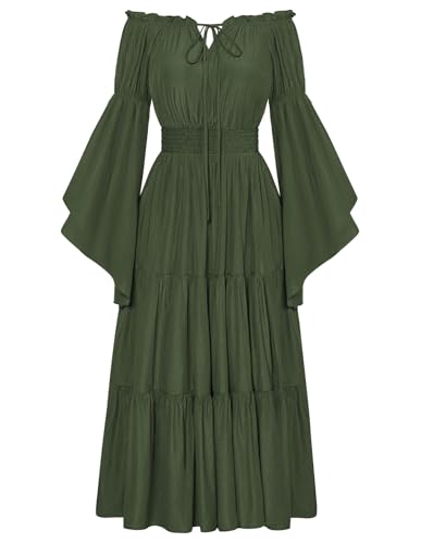 SCARLET DARKNESS Damen Viktorianisches Trachtenkleid Elegant Glockenärmel Fairycore Langekleid Olivgrün XXL von SCARLET DARKNESS