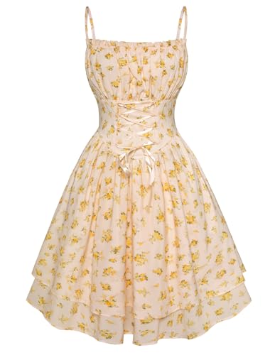 SCARLET DARKNESS Damen Cottagecore Sundress Doppelter Saum Spaghetti Trägerkleid Gelb Blumen XXL von SCARLET DARKNESS