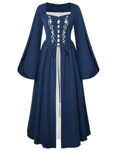 SCARLET DARKNESS Damen Vintage Kleid Glockenärmel Square Neck Hohe Taille Lace-up vorne Piraten Kleider Dunkelblau XXL von SCARLET DARKNESS