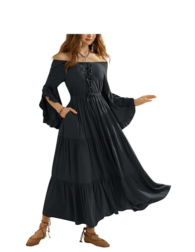 SCARLET DARKNESS Damen Vintage Kleider Elastische Taille Rüschenärmel Schulterfrei Maxikleider Schwarz XXL SCARLET DARKNESS Damen Vintage Kleider Elastische Taille Rüschenärmel Schulterfrei Maxikleider Schwarz XXL von SCARLET DARKNESS