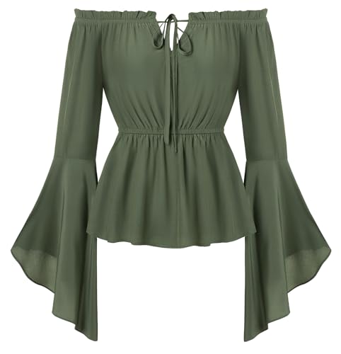 SCARLET DARKNESS Damen Vintage Oberteile Langarm Rüschenbluse Gothic Bluse für Christmas Halloween Cosplay Party Trachtenbluse Grau Grün XL von SCARLET DARKNESS