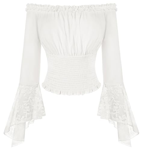 SCARLET DARKNESS Damen Vintage Trachtenbluse Gesmokte Taille Langarm mit Spitze Tops Party Wikinger Oberteil Weiß M von SCARLET DARKNESS
