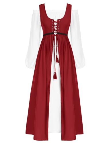 SCARLET DARKNESS Damen Weihnachten Rockabilly-Kleid Ren Faire Korsett Peasant Lange Trachtenkleid Weihnachten Rot Zweiteiliger XXL von SCARLET DARKNESS