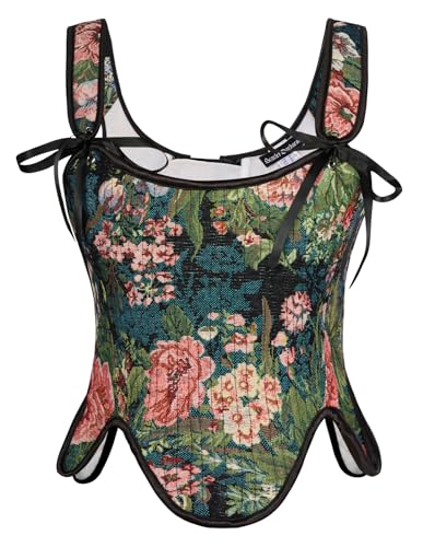 SCARLET DARKNESS Frühling Vintage mit Blumedruck Crop Top Gothic Push-Up mit Reißverschluss Corsage Schwarze Rosa Blume 46 von SCARLET DARKNESS