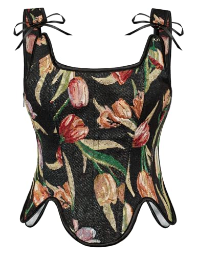 SCARLET DARKNESS Korsett Damen Elegant Ärmellos Tops Lace-Up Viktorianisch Corsagen mit Rot Blumendruck Schwarz 44 von SCARLET DARKNESS
