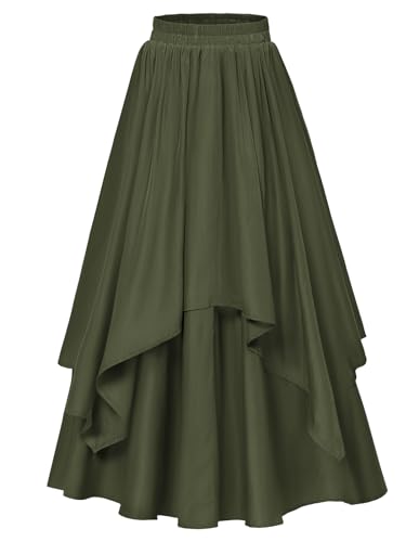 SCARLET DARKNESS Maxi Langer Rock für Frauen doppellagiger viktorianischer Renaissance-Röcke, Armeegrün-unregelmäßig, Mittel von SCARLET DARKNESS