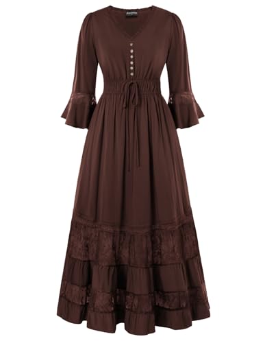 SCARLET DARKNESS Medieval Damen Bodenlanges Kleid V-Ausschnitt 3/4 Ärmel Renaissance Kleider mit Taschen Kaffee XL von SCARLET DARKNESS
