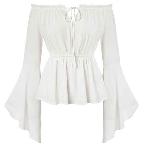 SCARLET DARKNESS Mittelalter Kleidung Damen Renaissance Bluse Weiß Langarm Viktorianische Oberteile Herbst Elegant Rüschenbluse M von SCARLET DARKNESS