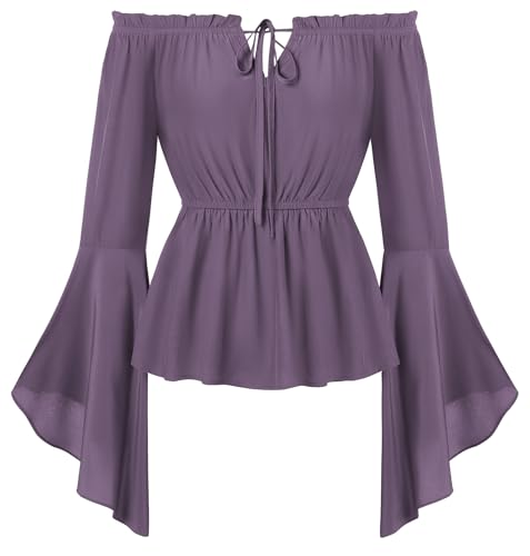 SCARLET DARKNESS Mittelalter Bluse Damen Langarm Schulterfrei Trachtenbluse Weihnachten Halloween Karneval Festliche Oberteile Lila L von SCARLET DARKNESS