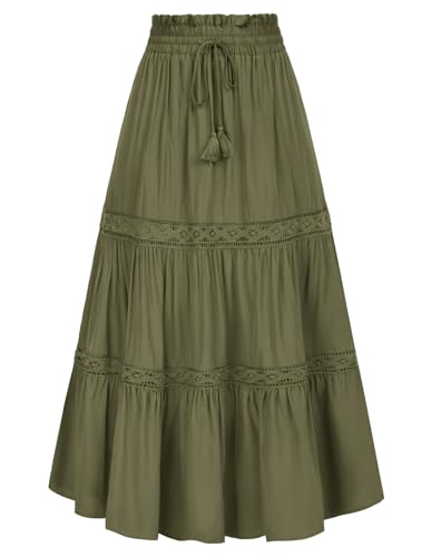 SCARLET DARKNESS Mittelalter Boho Trachtenrock Damen Elastische Hohe Taille Gesmokt Fairy Dress Armeegrün XXL von SCARLET DARKNESS