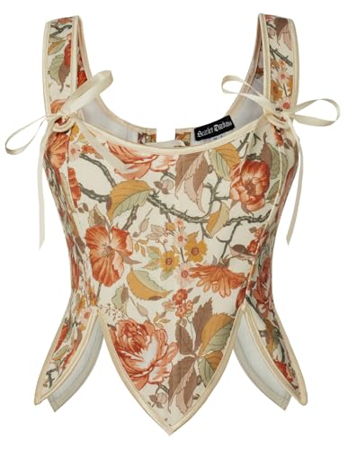 SCARLET DARKNESS Mittelalter Cottagecore Korsage für Kleid Damen Retro mit Schnürung Tachtenmieder Orange Blumen 40 von SCARLET DARKNESS