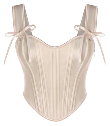 SCARLET DARKNESS Mittelalter Crop Top Vollbrust Korsett Top Damen Gothic Steampunk Cosplay Kostüme Satin Shapewear Champagne 42 von SCARLET DARKNESS