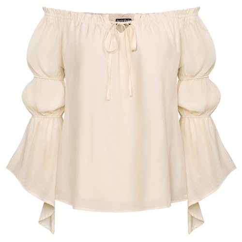 SCARLET DARKNESS Mittelalter Damen Carmenbluse Elegant mit Rüschen Casual Country Corsagenbluse Beige S von SCARLET DARKNESS