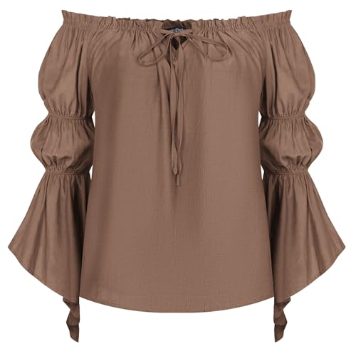 SCARLET DARKNESS Mittelalter Damen Carmenbluse Elegant mit Rüschen Casual Country Corsagenbluse Braun S von SCARLET DARKNESS