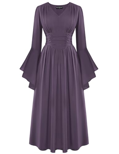 SCARLET DARKNESS Mittelalter Kleid Gothic Kleidung Damen Steampunk Langarm V-Ausschnitt MaxiKleid Halloween Kostüm Cosplay Lila L von SCARLET DARKNESS