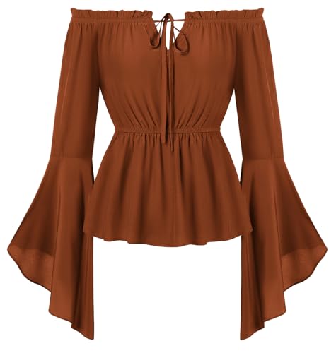 SCARLET DARKNESS Mittelalter Kleidung Damen Renaissance Bluse Langarm Viktorianische Oberteile Herbst Elegant Rüschenbluse Orange M von SCARLET DARKNESS