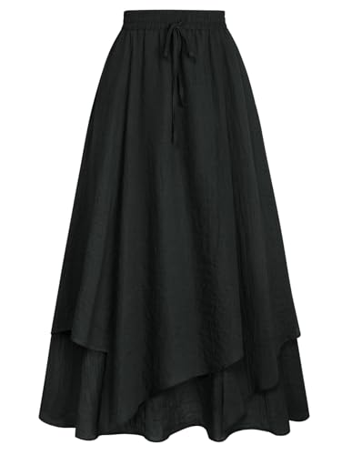 Mittelalter Maxirock Damen Vintage Lang Trachtenrock Unregelmäßige Saum Boho Rüschenrock mit Kordelzug Schwarz M von SCARLET DARKNESS