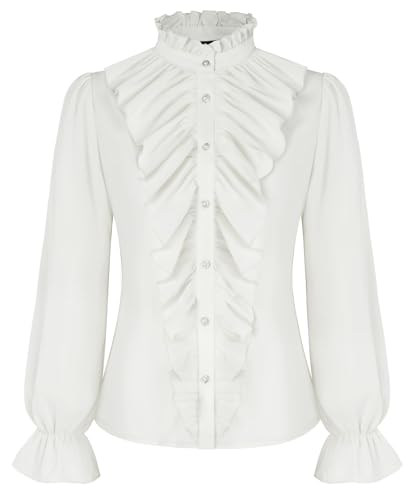 SCARLET DARKNESS Mittelalter Oberteile Rüschen Stehkragen Dirndl Bluse Langram Viktorianisch Party Tops für Damen XL von SCARLET DARKNESS