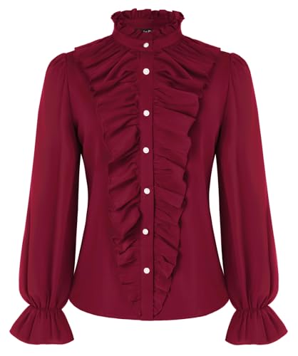 SCARLET DARKNESS Mittelalter Oberteile Rüschen Stehkragen Dirndl Bluse Roter Langram Viktorianisch Party Tops für Damen XL von SCARLET DARKNESS