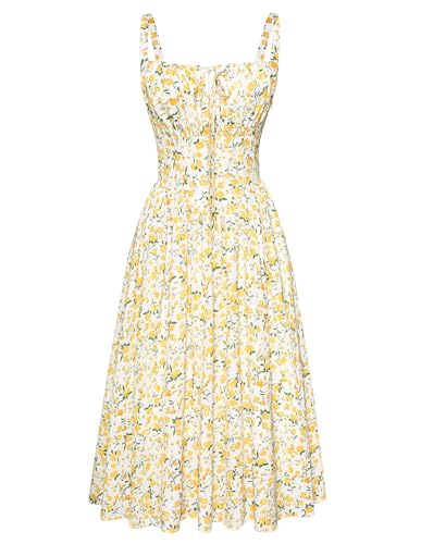 SCARLET DARKNESS Damen Cottagecore Dress Vintage Milkmaid Country Mittelalter Kleid Weiß-Gelb Blumen M von SCARLET DARKNESS