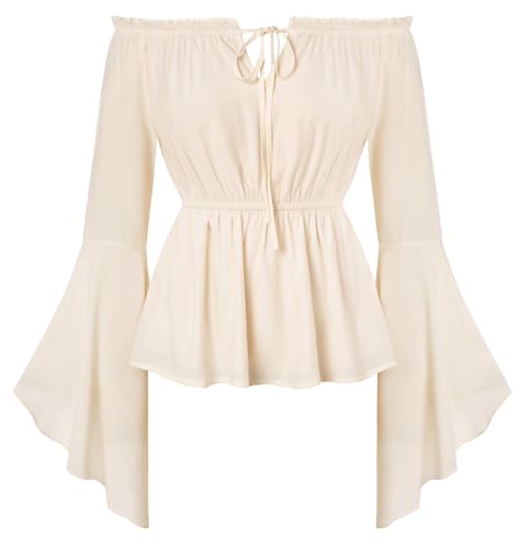 SCARLET DARKNESS Mittelalter Renaissance Oberteile Off Shoulder Dirndl Bluse Elegant Aprikose Trachtenbluse Cottagecore Tops für Damen XXL von SCARLET DARKNESS