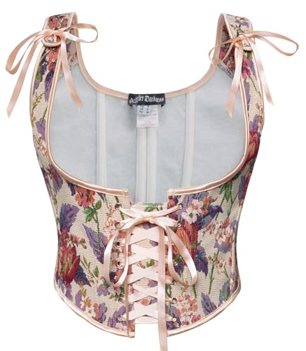 SCARLET DARKNESS Mittlalter Damen Korsett Weste Lace-up vorne U-Ausschnitt Retro Bustier Aprikose Violette Blumen 38 von SCARLET DARKNESS