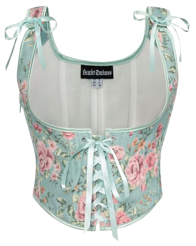 SCARLET DARKNESS Mittlalter Damen Korsett Weste Lace-up vorne U-Ausschnitt Retro Bustier Blumen Rose Blau 38 von SCARLET DARKNESS