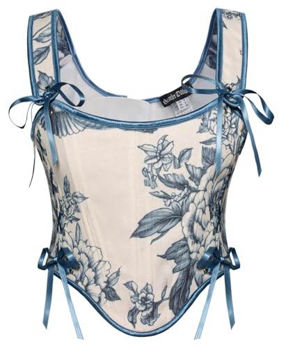 SCARLET DARKNESS Ren Faire Damen Cosplay Köstum mit Reißverschluss Milkmaid Brust Weste Grau Blau Blumen 46 von SCARLET DARKNESS