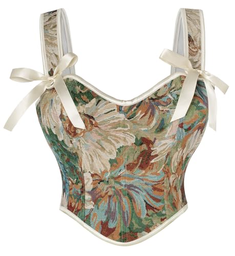 SCARLET DARKNESS Renaissance Damen Corset Top Lace-up Floral Cosplay Bustier Retro Corsage Grün Chrysantheme 44 von SCARLET DARKNESS