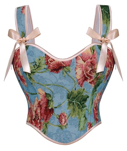 SCARLET DARKNESS Renaissance Damen Corset Top Lace-up Floral Cosplay Bustier Retro Corsage Rot Blumen Blau 44 von SCARLET DARKNESS
